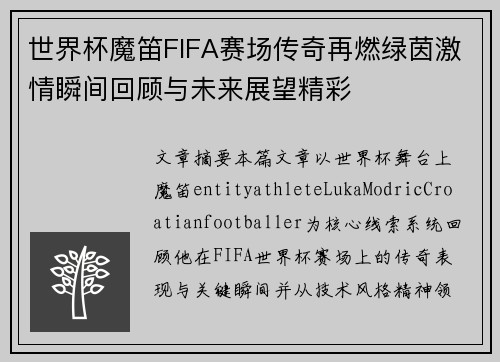 世界杯魔笛FIFA赛场传奇再燃绿茵激情瞬间回顾与未来展望精彩